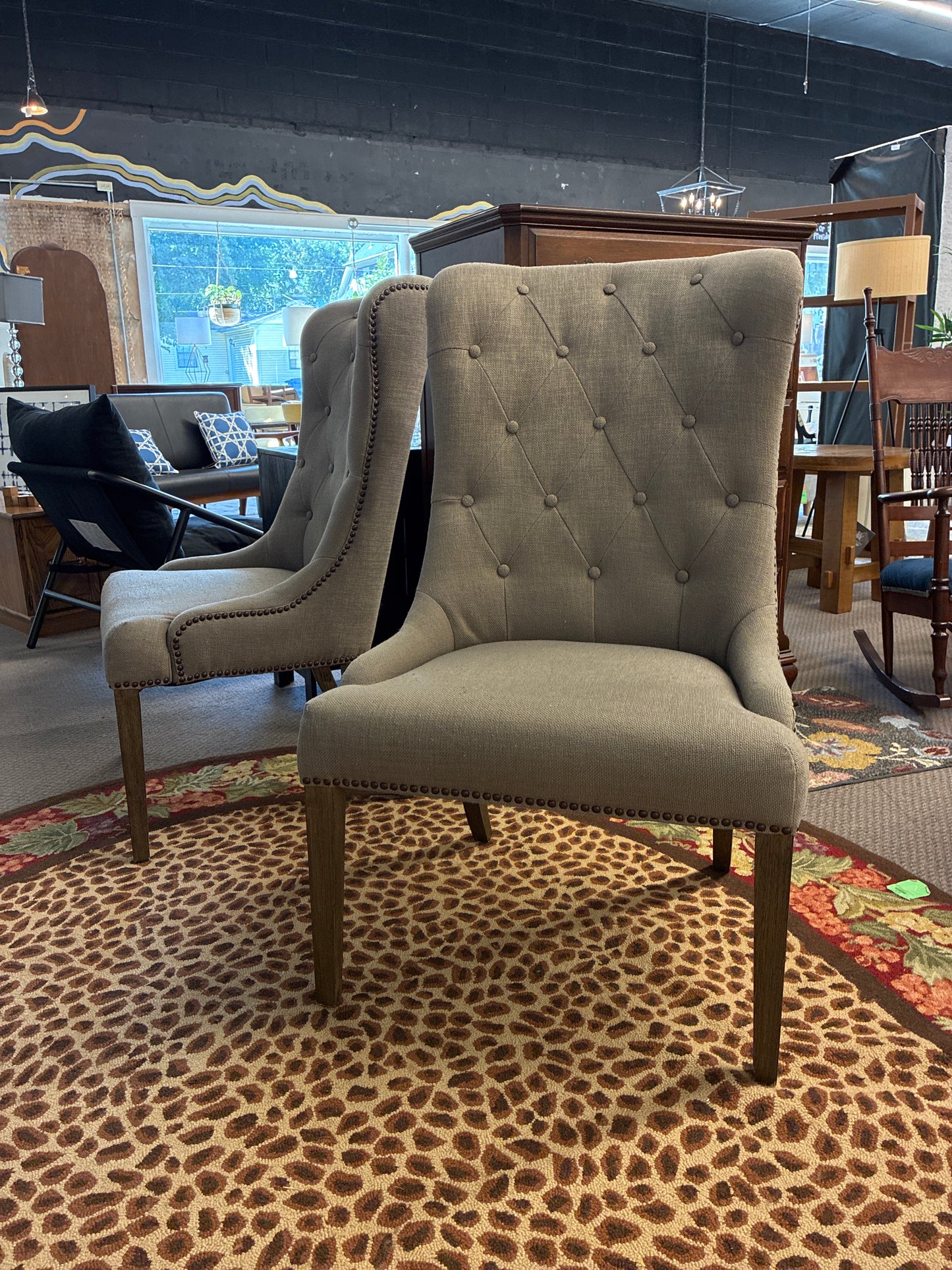 Set of 2 Wide Upholstered Dining Chairs with Nailhead Trim *donated
