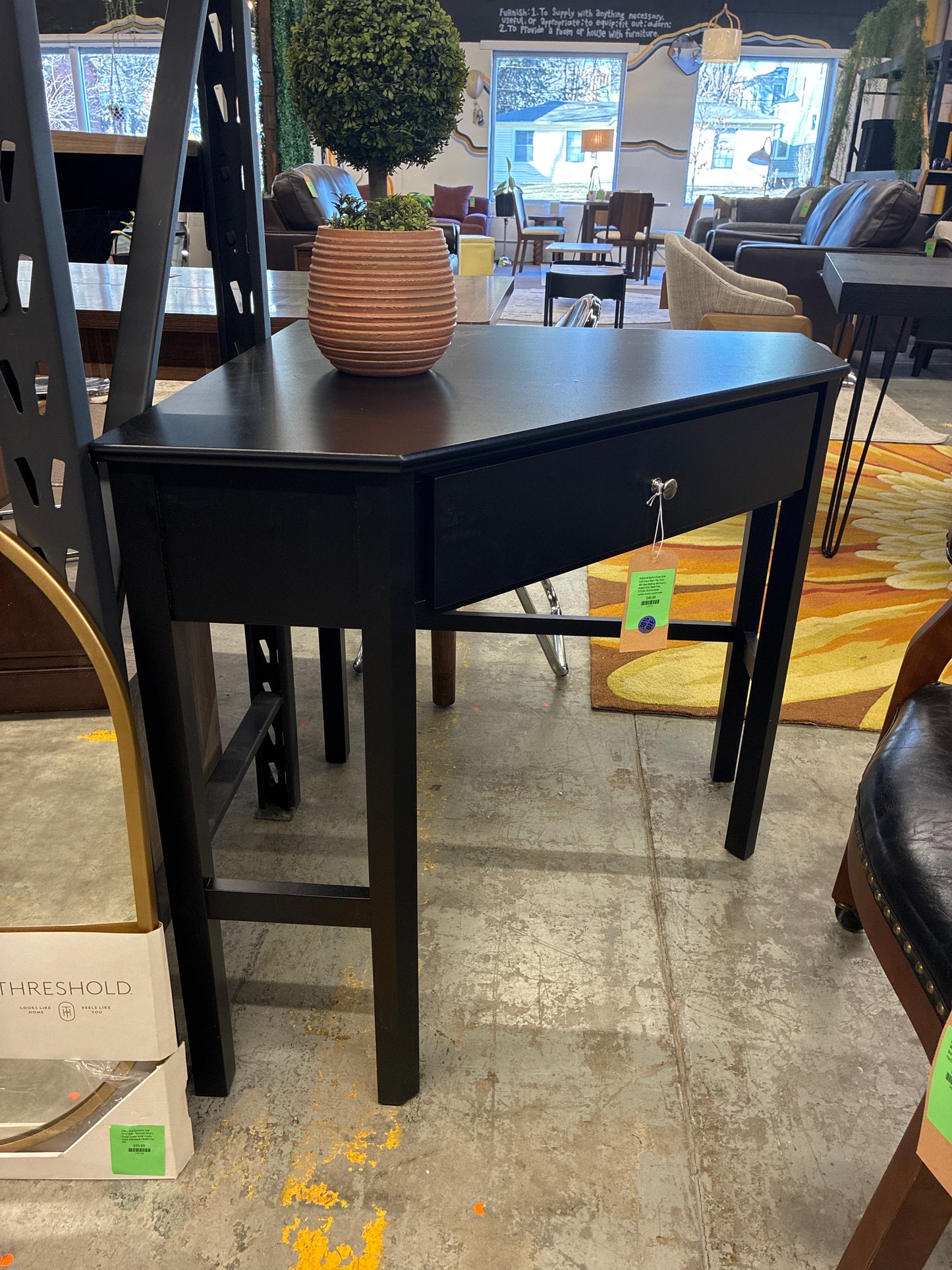 Buylateral Medford Corner Desk with Drawer Black: Pine Wood, MDF, Open Shelving, Mid-Century Modern Style | Retail Price: $110.99 | AS IS scratched surface, missing support piece