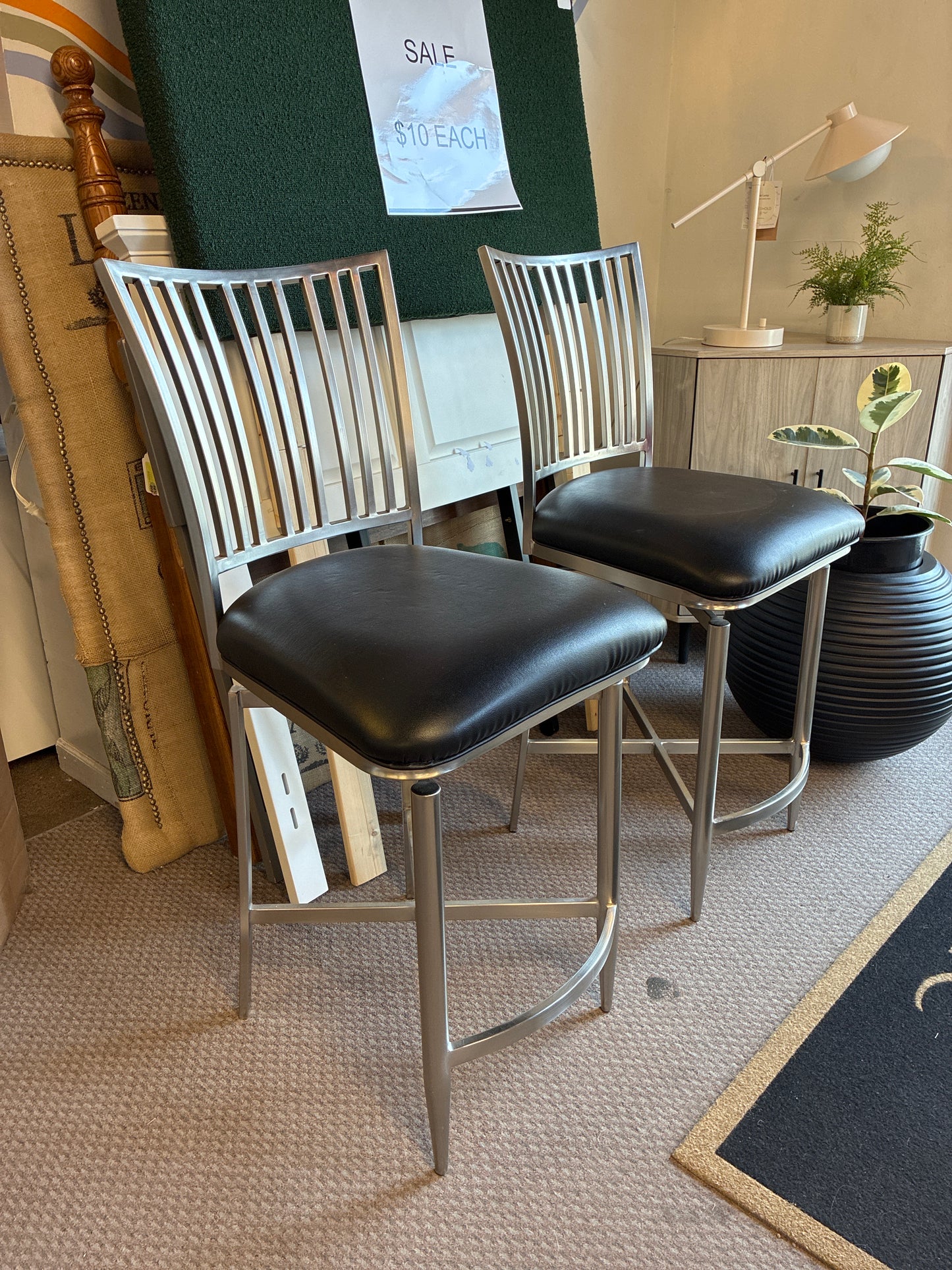 Set of 2 Counter Height Swivel Bar Stools Black Leather and Metal *donated
