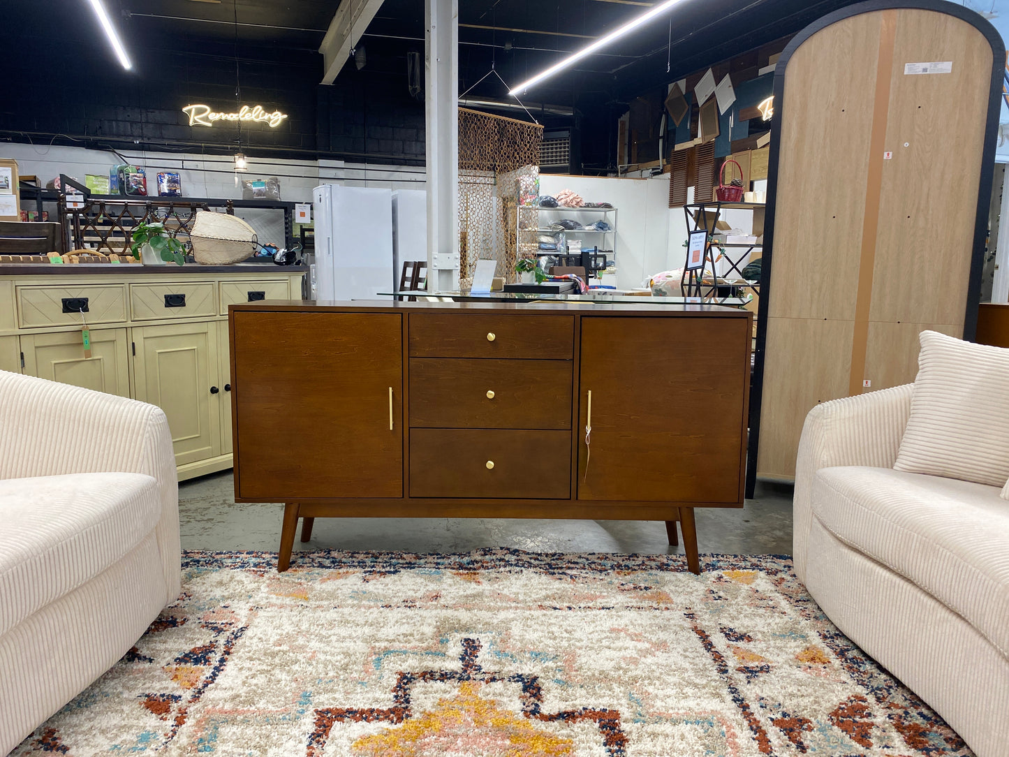 60in Mid Century Modern Wood TV Stand - Walnut | Dimensions: 33in H x 60in L x 16in W | Weight: 127 LBS | Retail Price: $475