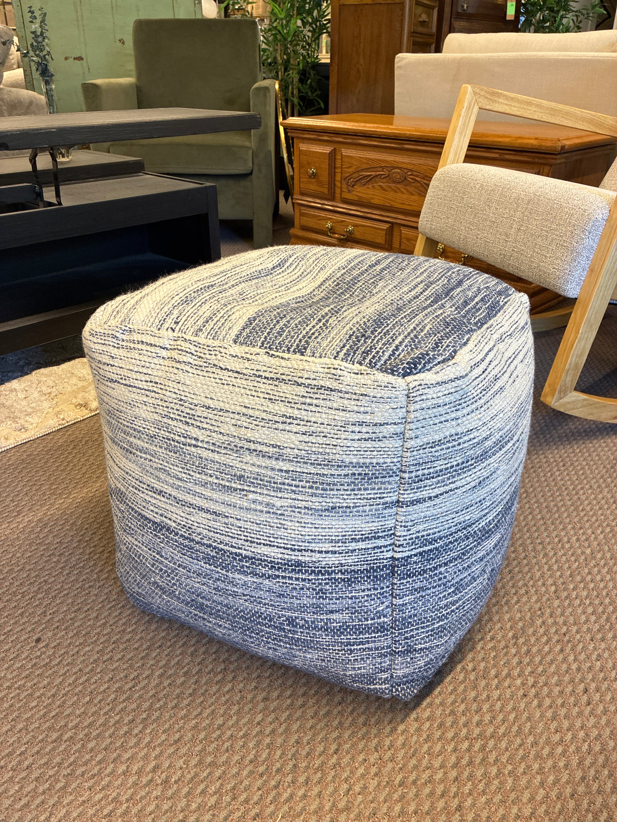 Anji Square Pouf Ottoman in Blue/White