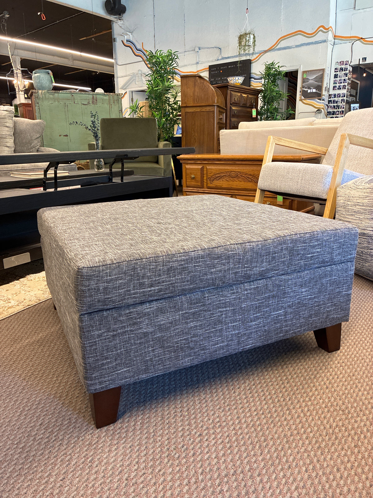 32in Square Storage Ottoman Gray Upholstered With Walnut Legs