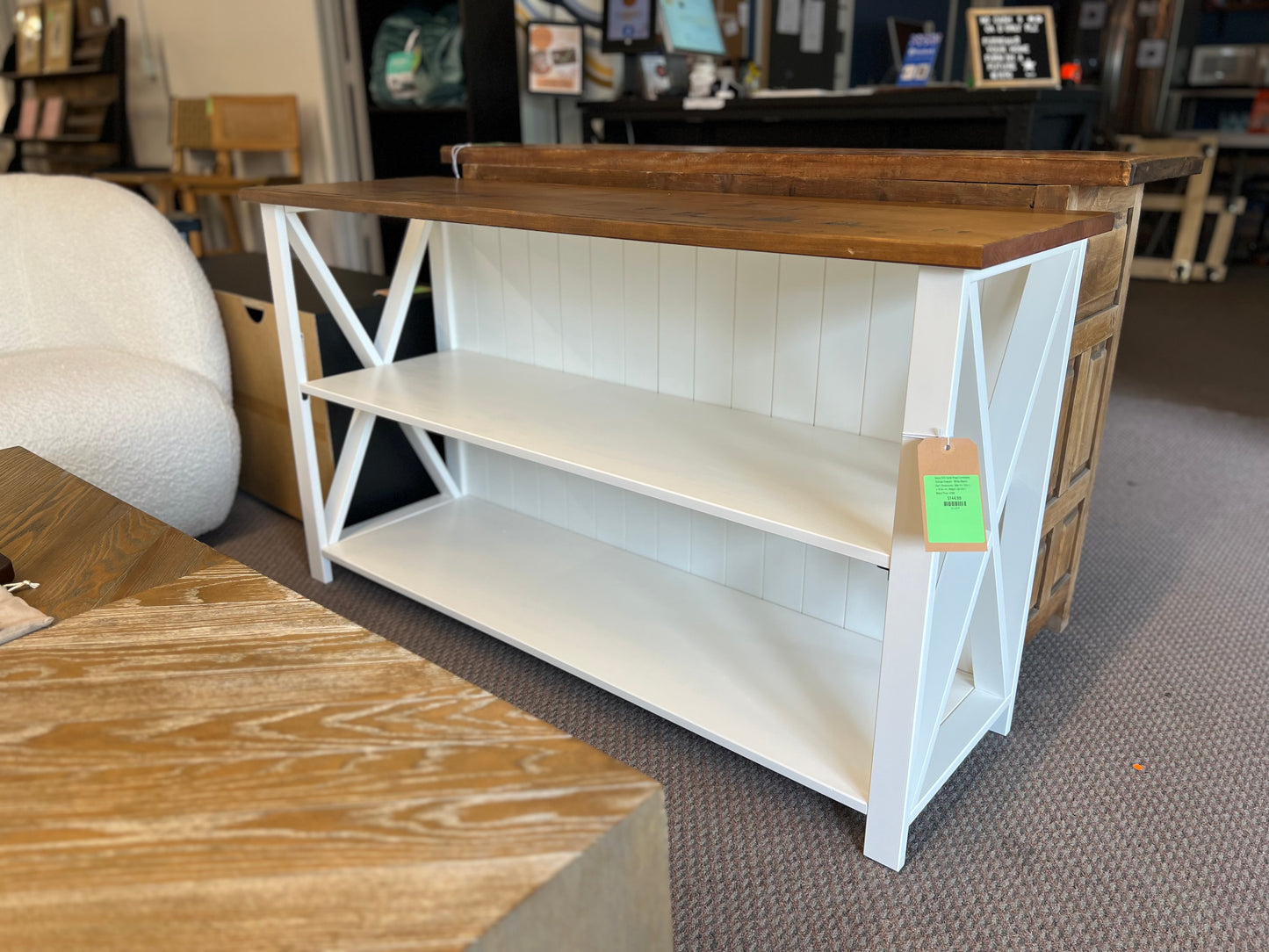 Lucas 52in Solid Wood Farmhouse Storage Console - White/Rustic Oak | Dimensions: 30in H x 52in L x 16.5in W | Weight: 58 LBS | Retail Price: $188