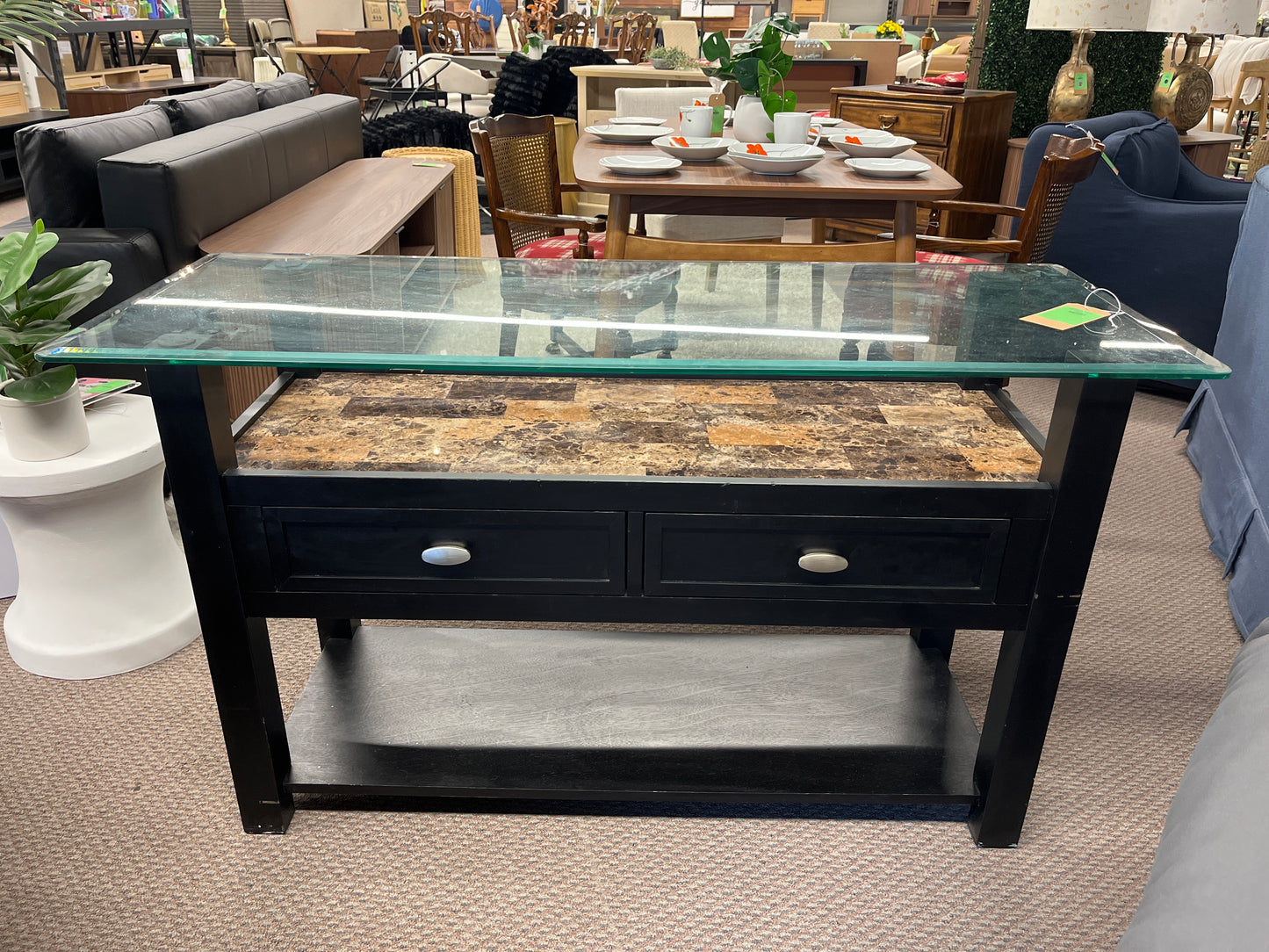 Solid Black Glass Top Console Table *donated