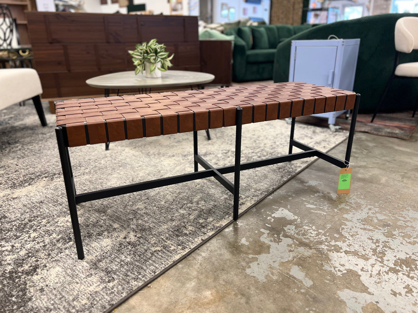 Woven Faux Leather with Metal Base Bench Brown - Threshold: Upholstered Rectangular Ottoman, Indoor Seating | Retail Price: $168