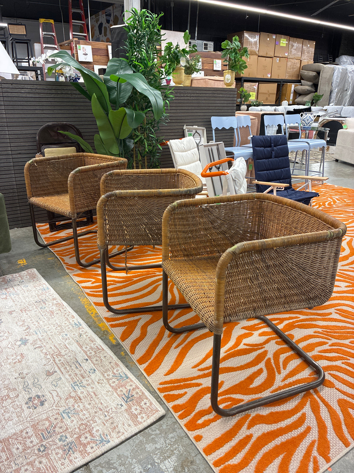 Set of 3 Rustic Woven Wicker Cantilever Armchairs *donated fair condition