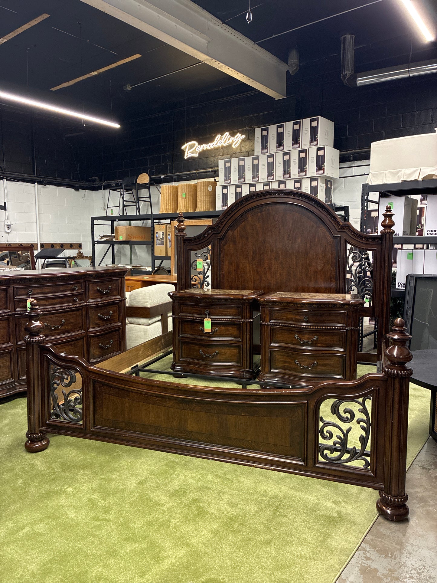 Ornate Solid Wood King Size Bed Frame with Headboard, Footboard, Side Rails, and Support Frame *donated