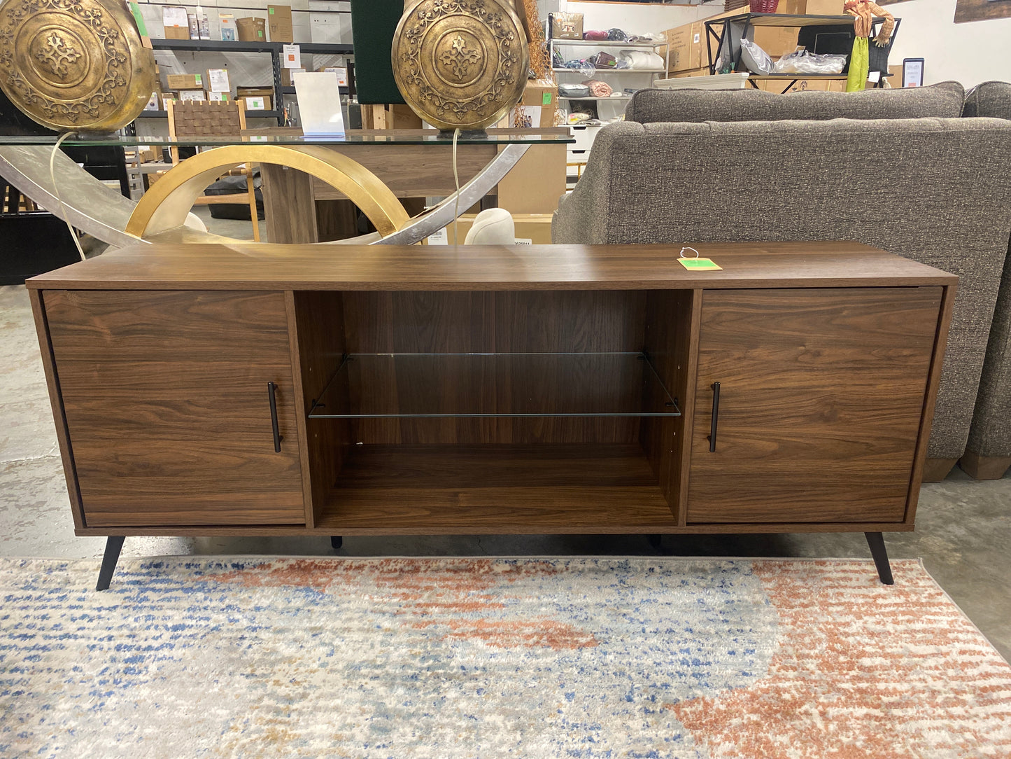 Nora 60in Mid Century Modern 2 Door TV Stand - Dark Walnut | Dimensions: 24in H x 60in L x 16in W | Weight: 80 LBS | Retail Price: $221