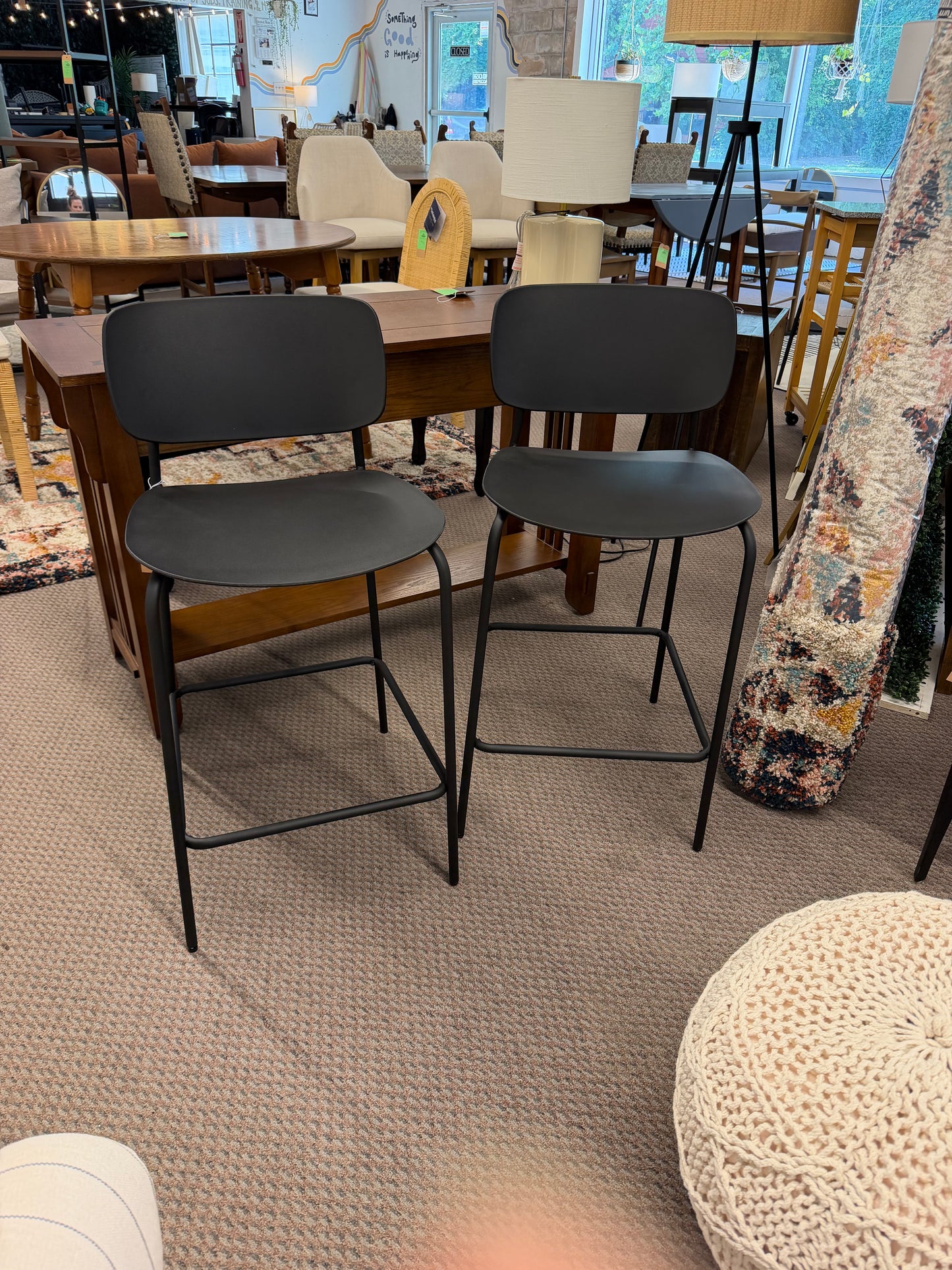 Set of 2 24" Molded Plastic with Metal Base Counter Height Barstool with Footrest Black — Already assembled – no box, no hassle. Retail: $100