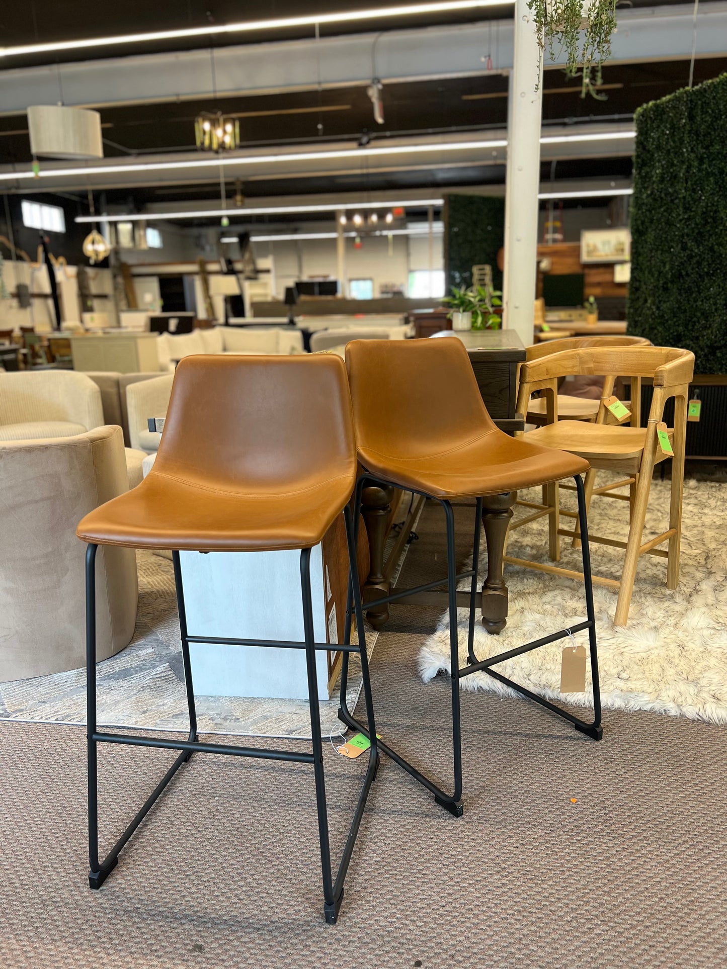 30in Industrial Faux Leather Barstools, Set of 2 - Whiskey Brown | Dimensions: 40in H x 18in L x 22in W | Weight: 31 LBS | Retail Price: $221