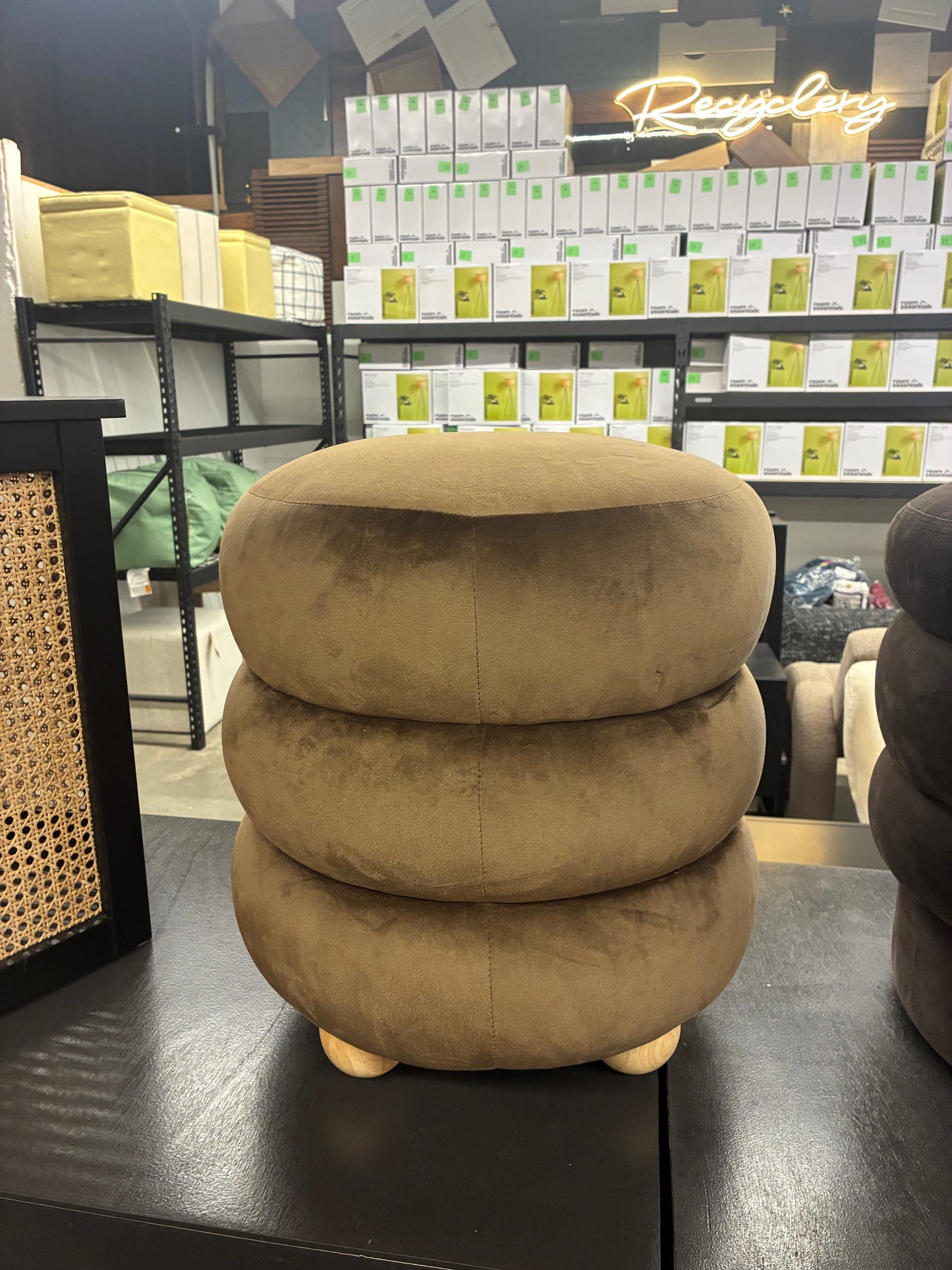 Cecelia Round Channel Tufted Ottoman in Brown / Natural | Retail Price: $180