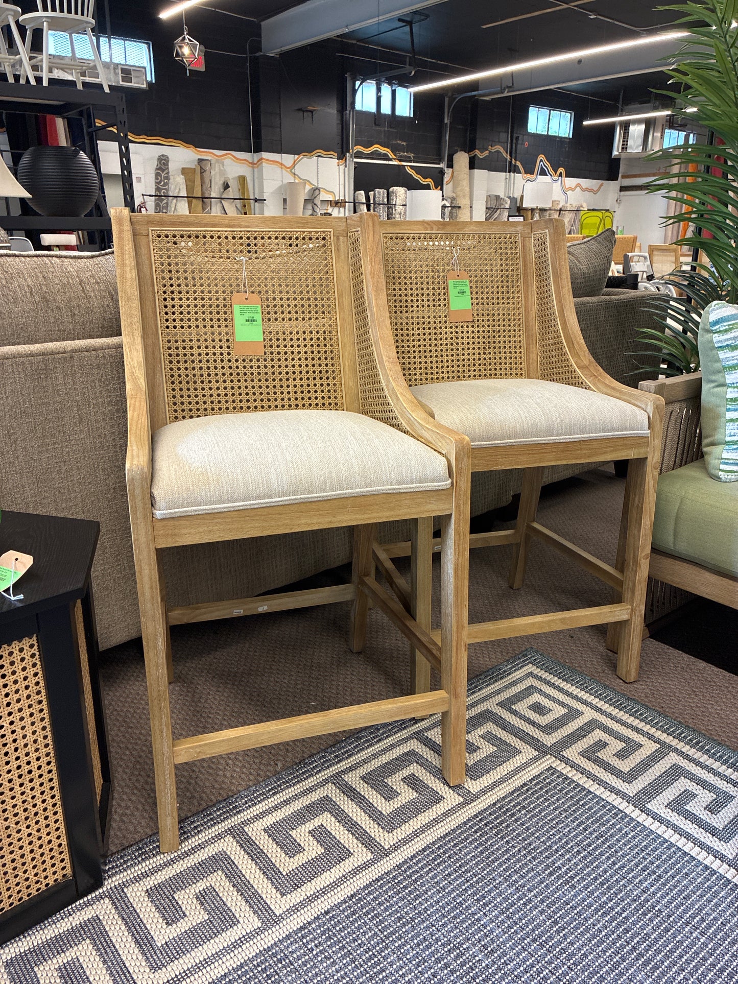 Set of 2 Assembled Christopher Knight Home 25.5" Cataldo Wood and Cane Upholstered Counter Height Barstool Beige/Natural - Retails Unassembled for $347.99