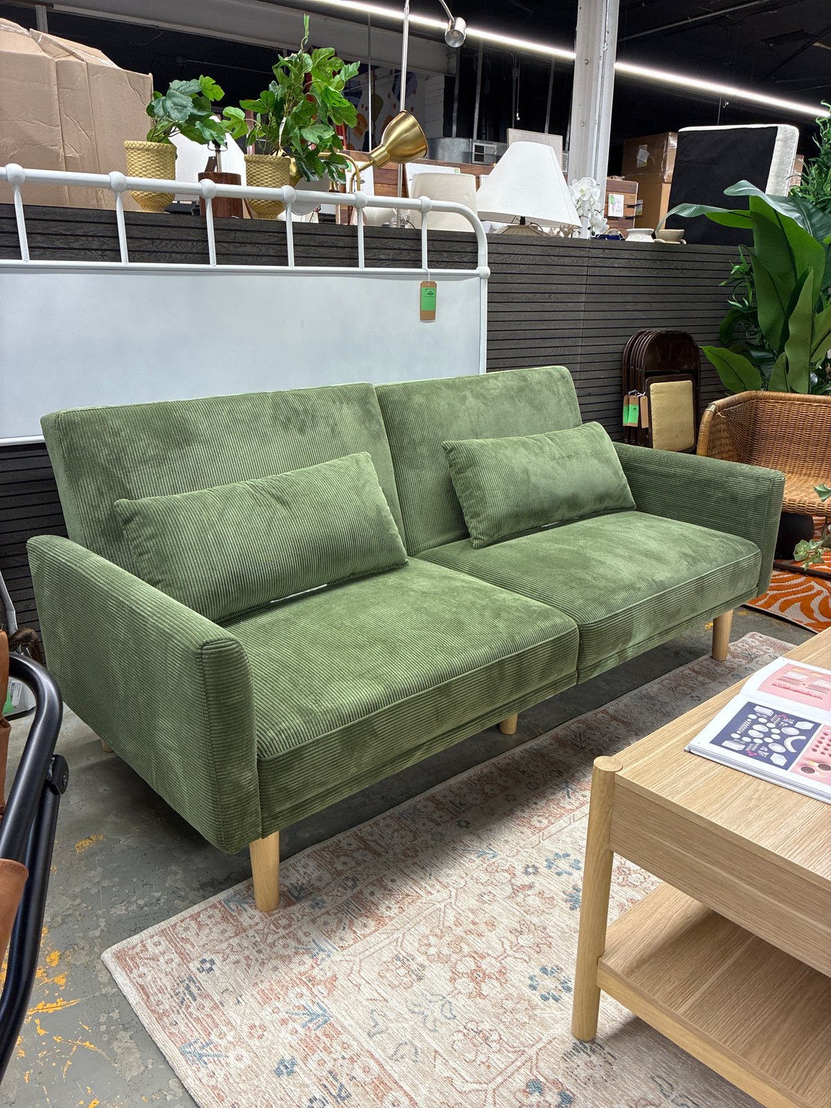 72in Upholstered Futon in Green | AS IS minor flaw in arm