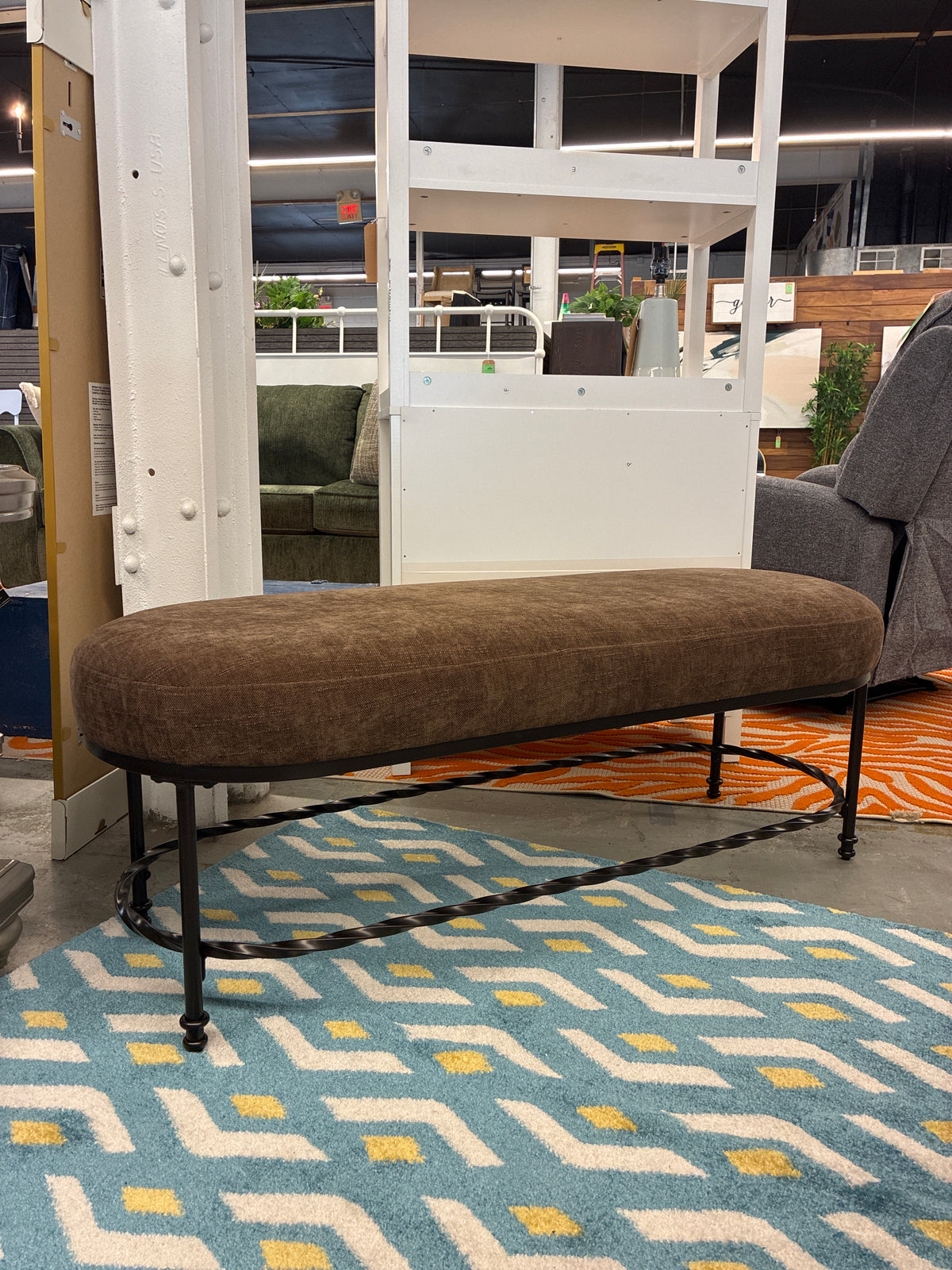 48in Twisted Metal Upholstered Bench Chocolate Brown