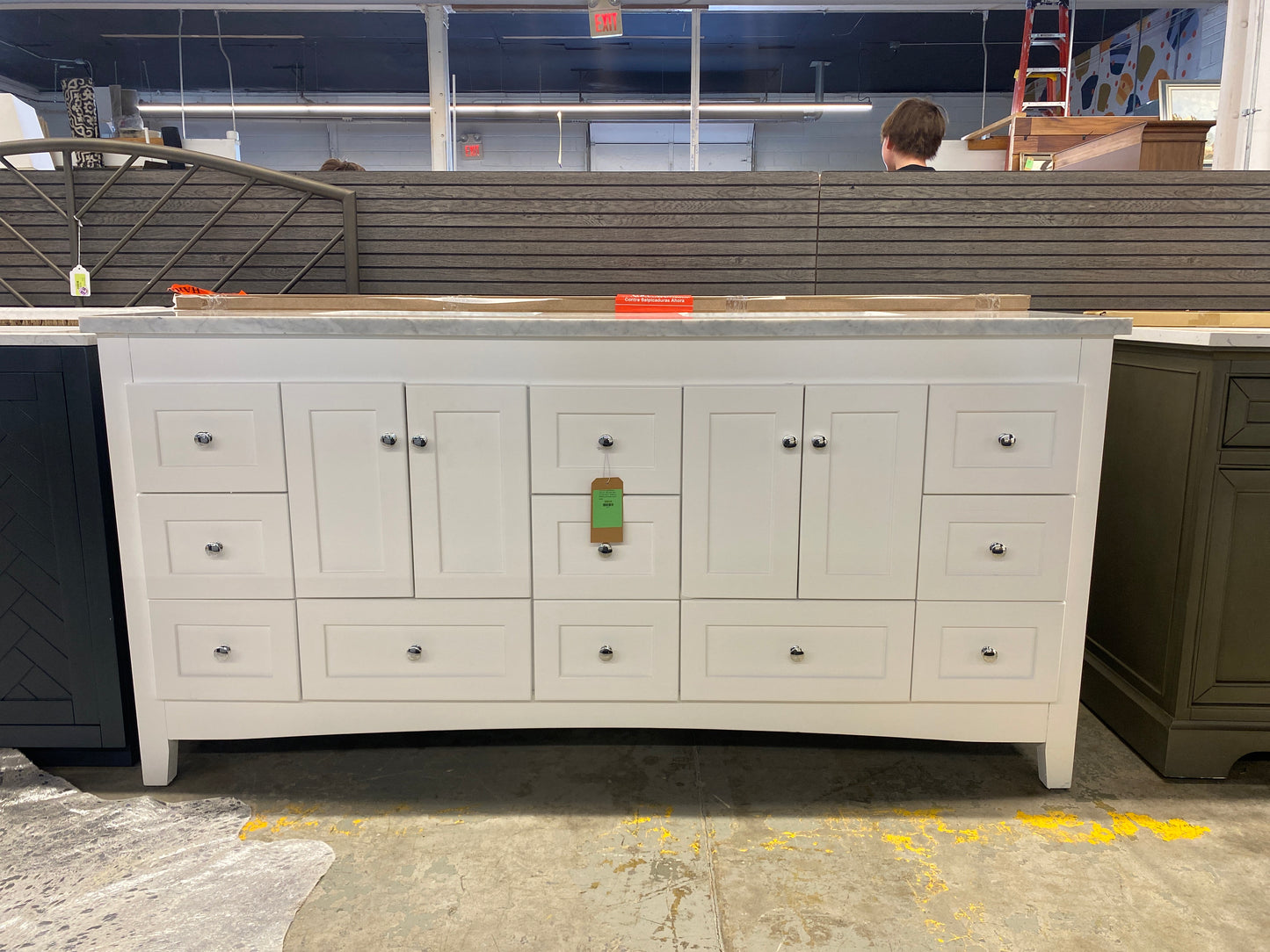 Fresno 72in Single Bathroom Vanity Set - Base Finish: White, Top Finish: Quartz - Retail Price: $1849.99 | AS IS minor crack in marble
