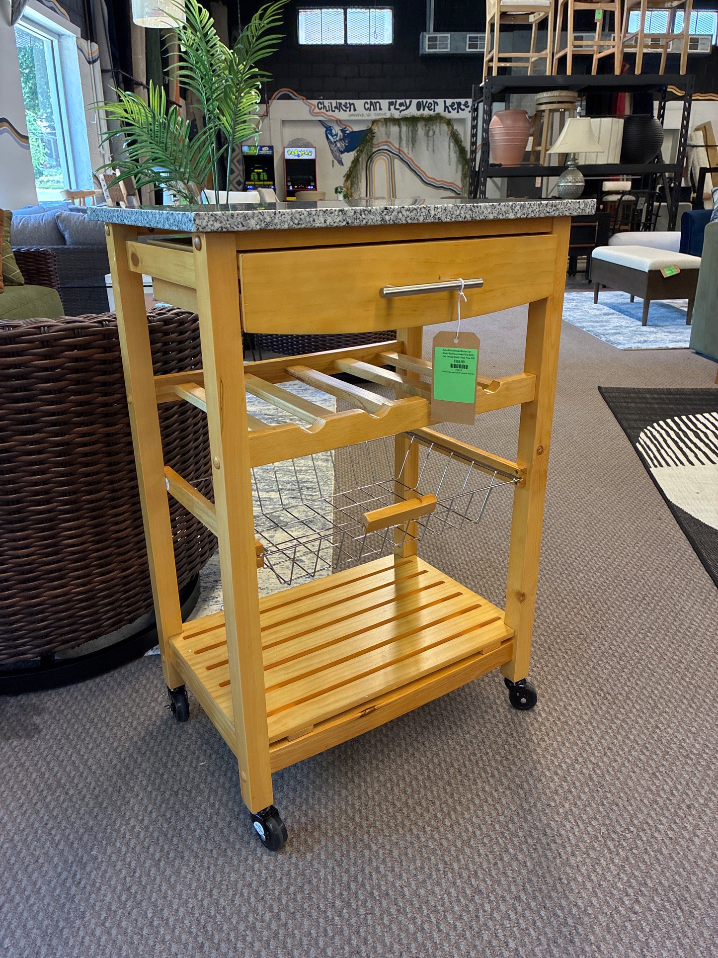 Natural Wood Movabel Kitchen Cart Granite Top Drawer Basket Wine Bottle Rack Locking Wheels | Retail Price: $176