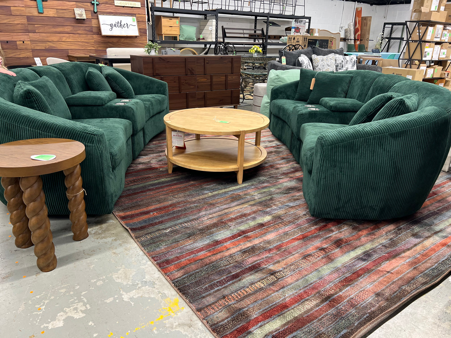 Corduroy Fabric Storage Sofa with Two Cup Holders in Emerald Green