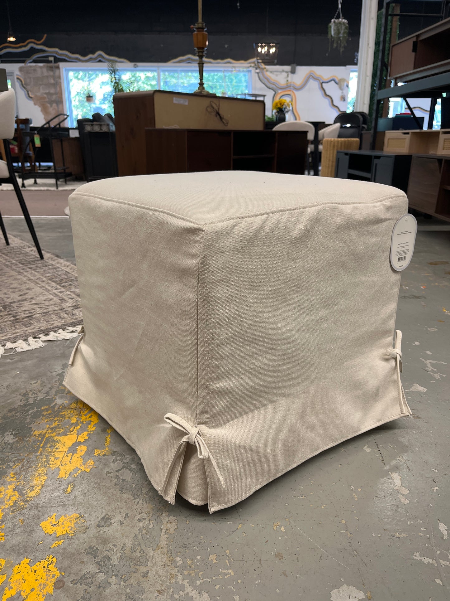 Lynwood Slipcover Cube Ottoman with Tie Details Cream - Threshold designed w/Studio McGee | Retail Price: $110