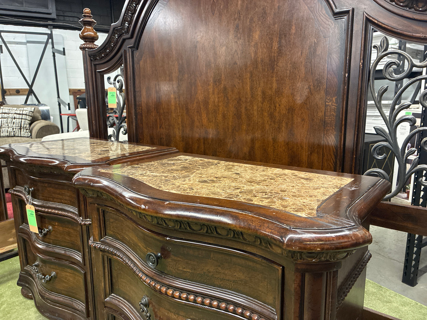 Set of 2 Solid Wood Nightstands w Bearded Trim and Carved Details *donated