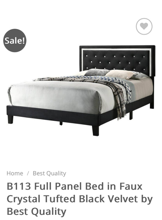 Black Velvet Upholstered Panel Bed with Faux Crystal | Size: Full | Retail Price: $330