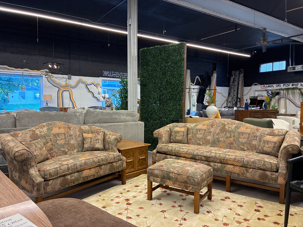 Charming Vintage Village Scene Tapestry Upholstered Set | Sofa Loveseat and Ottoman *donated