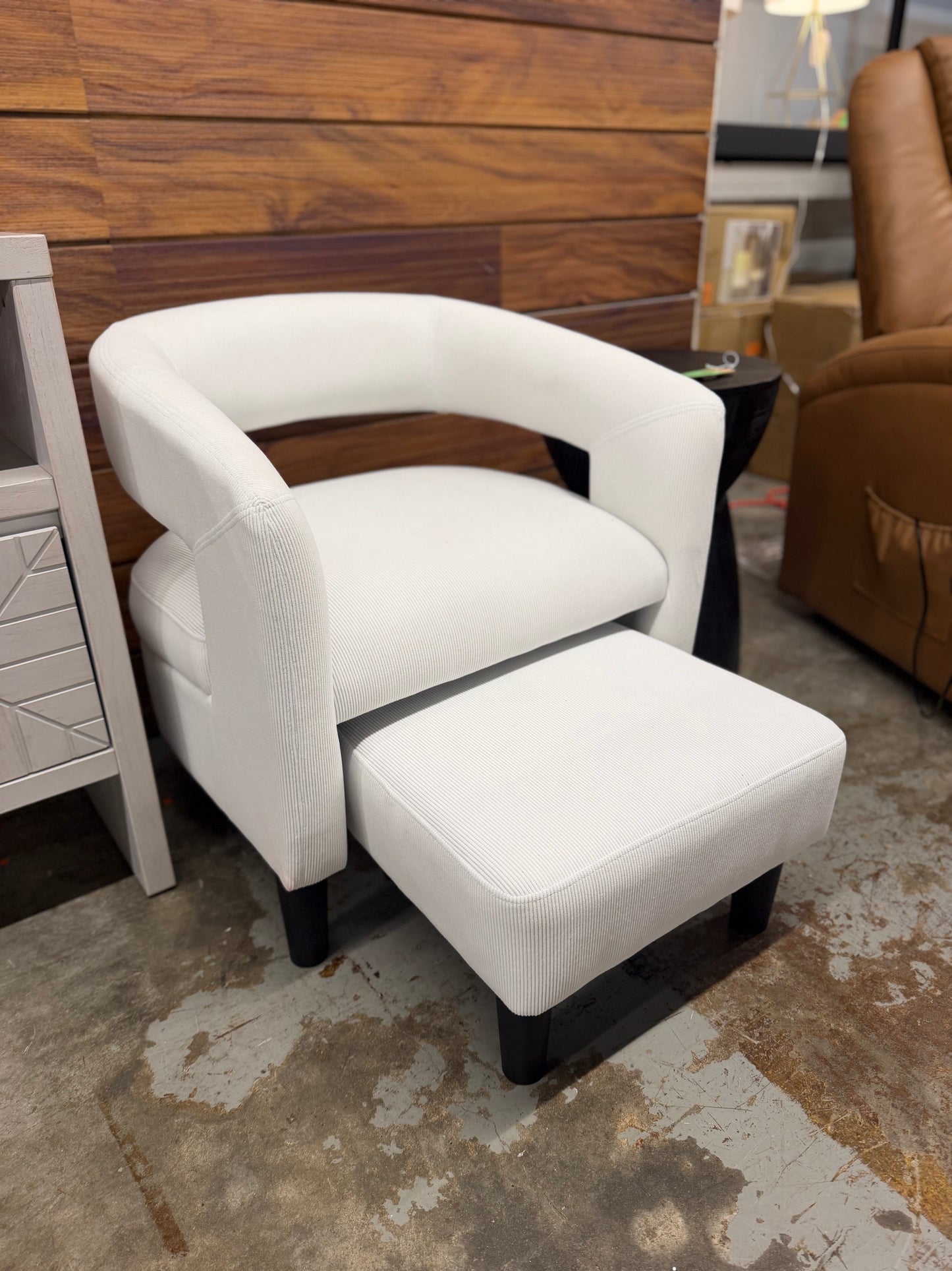 Small White Modern Upholstered Chair with Ottoman
