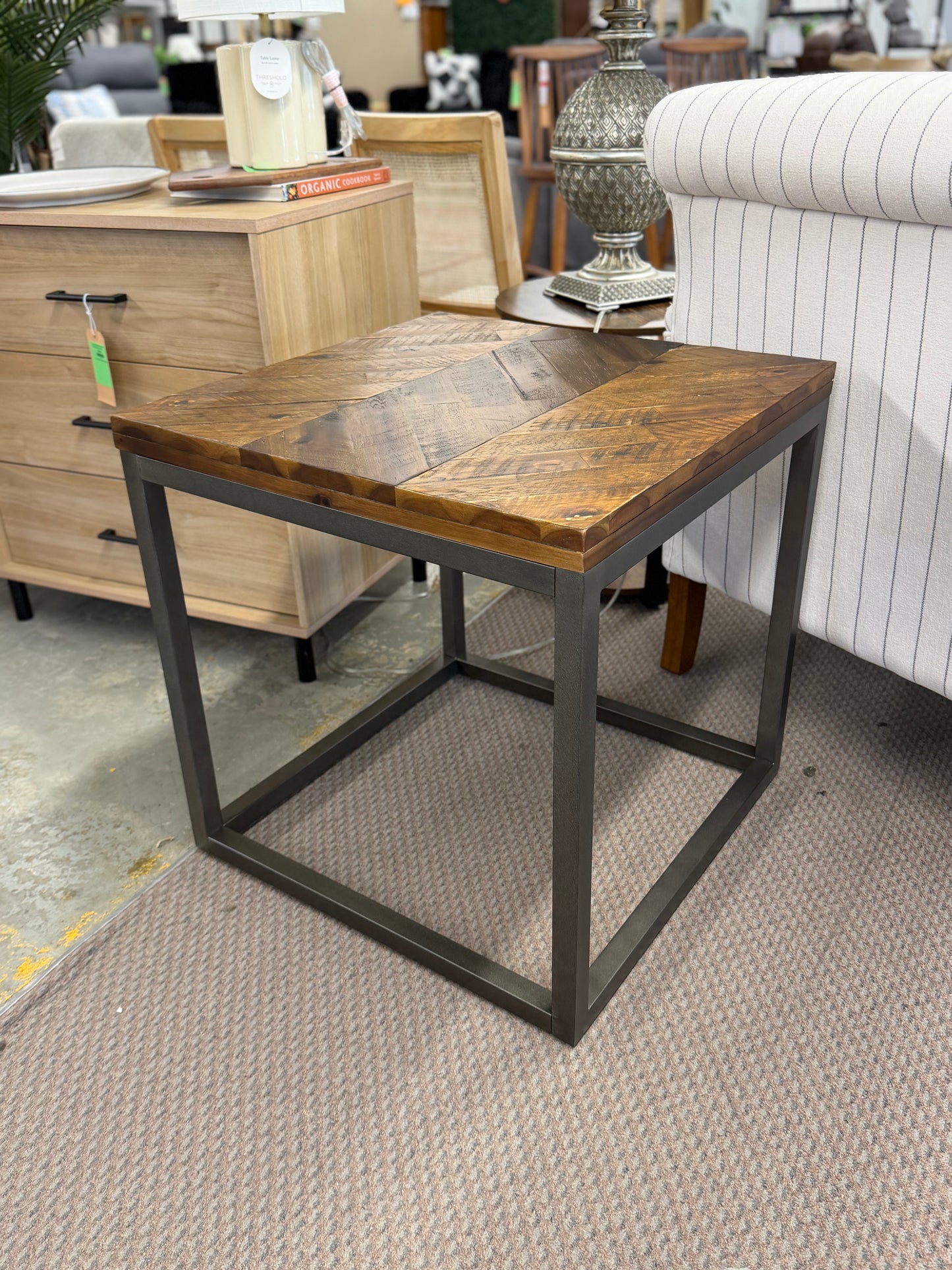 Lorenza End Table Metal Brown - Steve Silver Co.: Vintage Nickel Finish, Acacia Herringbone Pattern, Square Shape Retail: $147