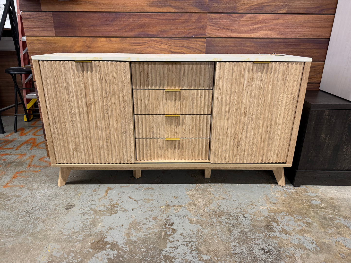 Fluted Dresser with 4 Drawers, 60" Modern Chest with Sliding Doors & Faux Marble Top, Wood Storage Organizer for Bedroom, Living Room, Natural Oak — Retails in box (unassembled) for $469.99. AS IS MINOR CHIP ON SIDE
