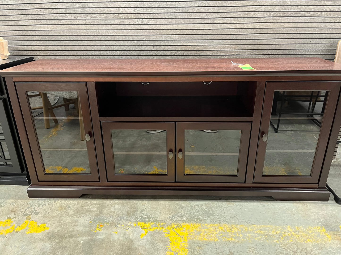 70in Traditional Wood TV Stand - Espresso | Dimensions: 30in H x 70in L x 16in W | Weight: 133 LBS | Retail Price: $451.19