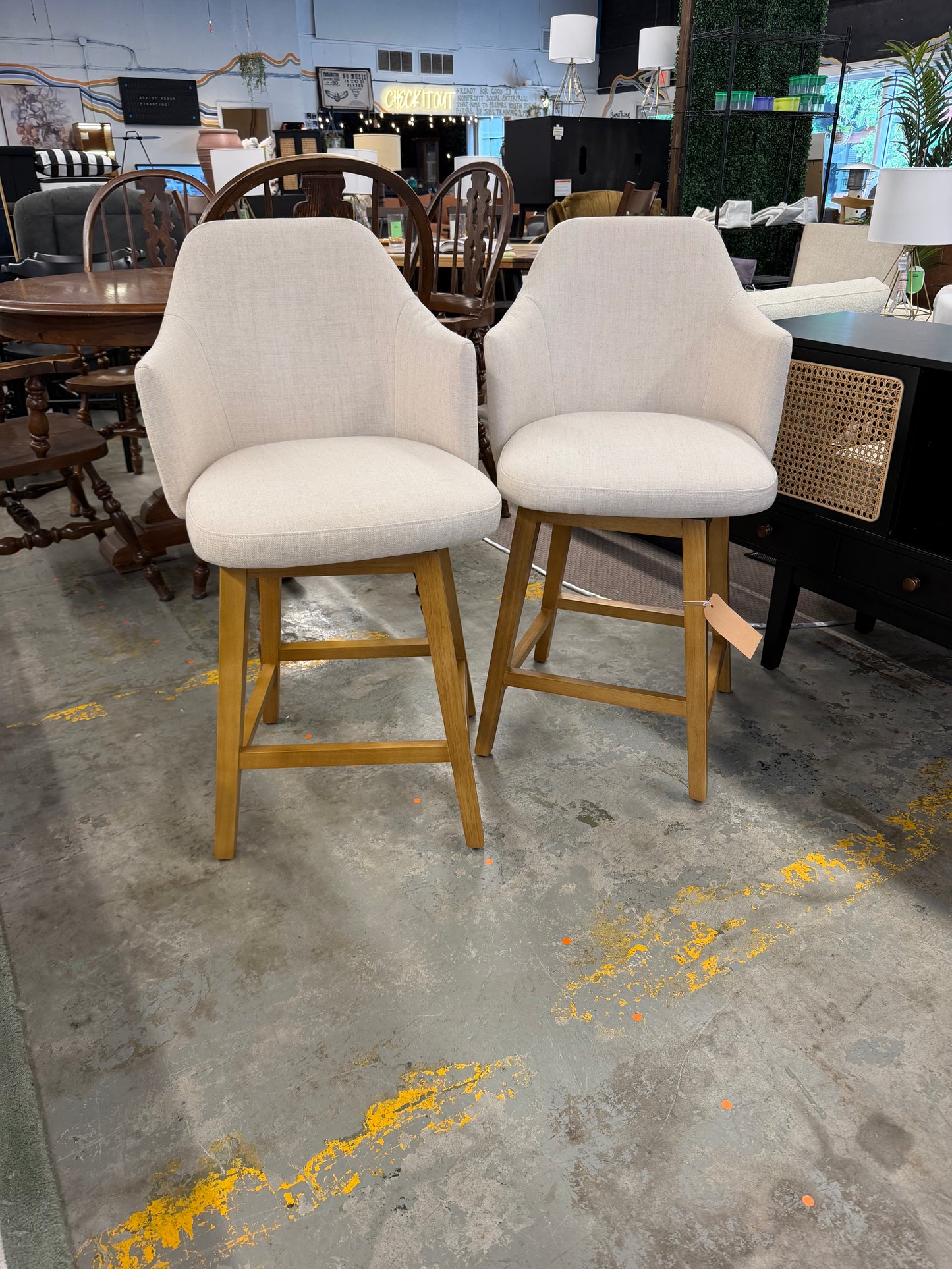 25.2" Kinston Swivel Curved Back Upholstered Counter Height Barstool with Footrest Linen Set of 2 - Threshold — Retails elsewhere unassembled for $300