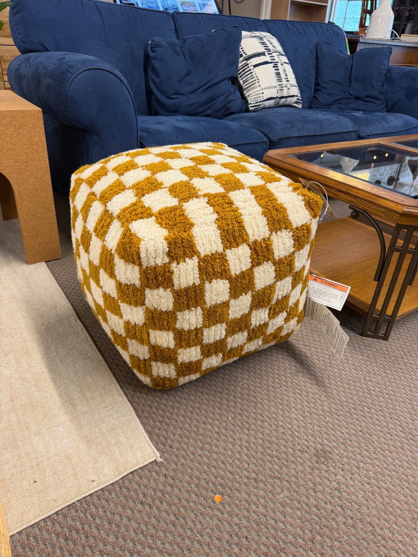 Checkerboard Pouf Mustard/Cream - Threshold™: Wool Upholstered, Square Bench with Bead Filling Retail: $80