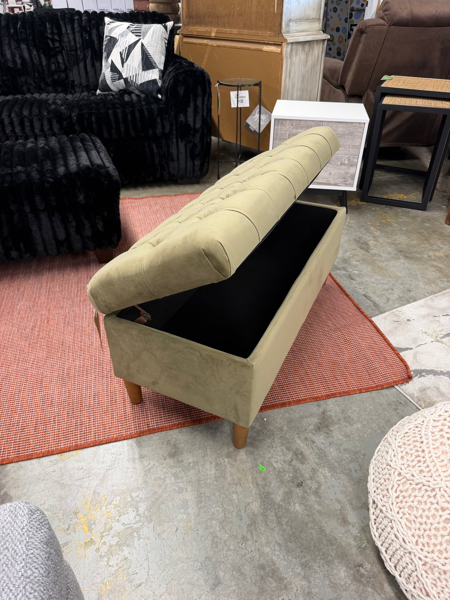 Button Tufted Storage Bench with Cone Wood Legs Velvet Light Sage Green — Already assembled – no box, no hassle. Retail: $114.99 | Highly Rated