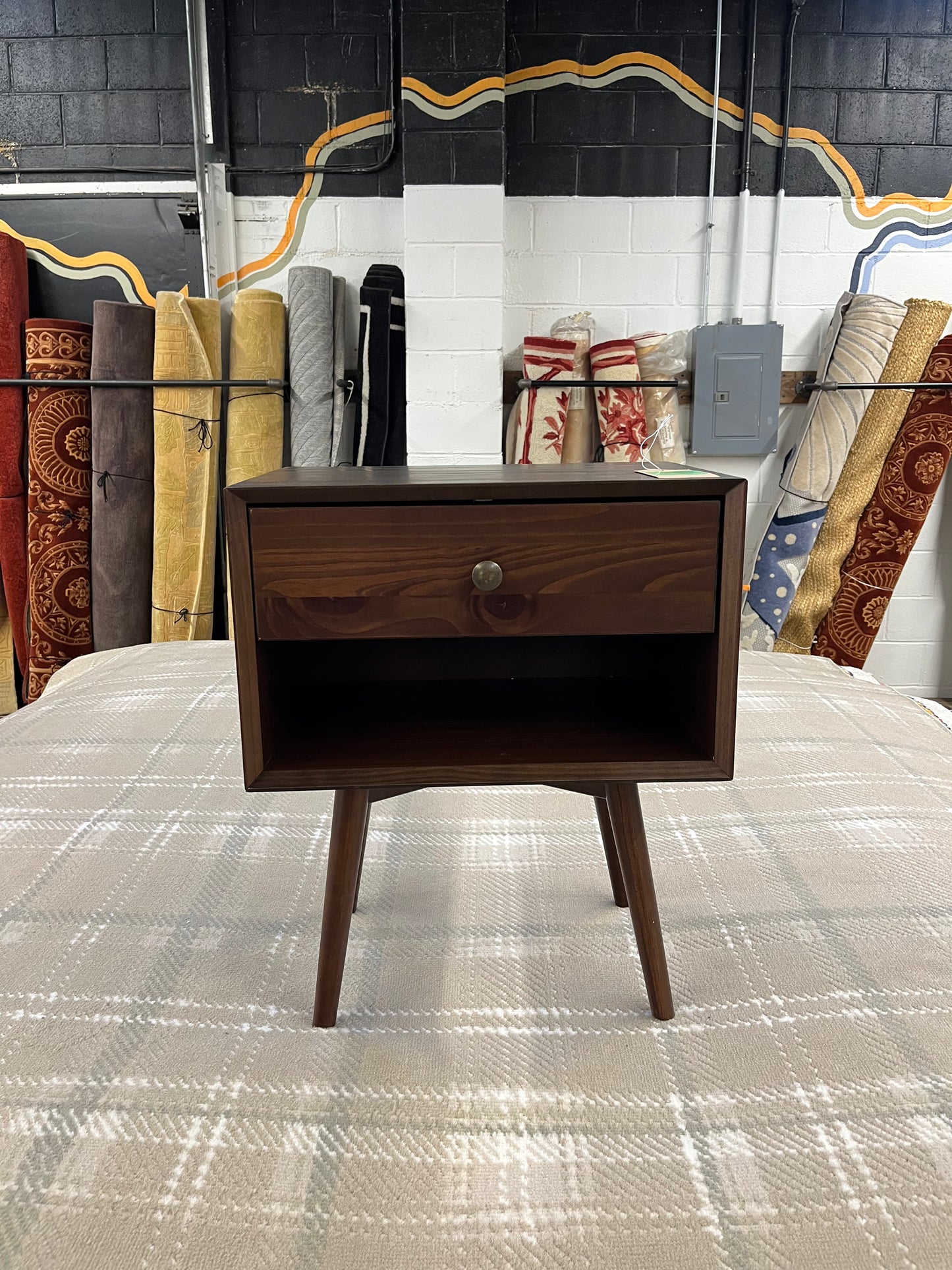 Mid Century 1 Drawer Solid Wood Nightstand - Walnut | Dimensions: 24in H x 20in L x 14in W | Weight: 19 LBS | Retail Price: $128