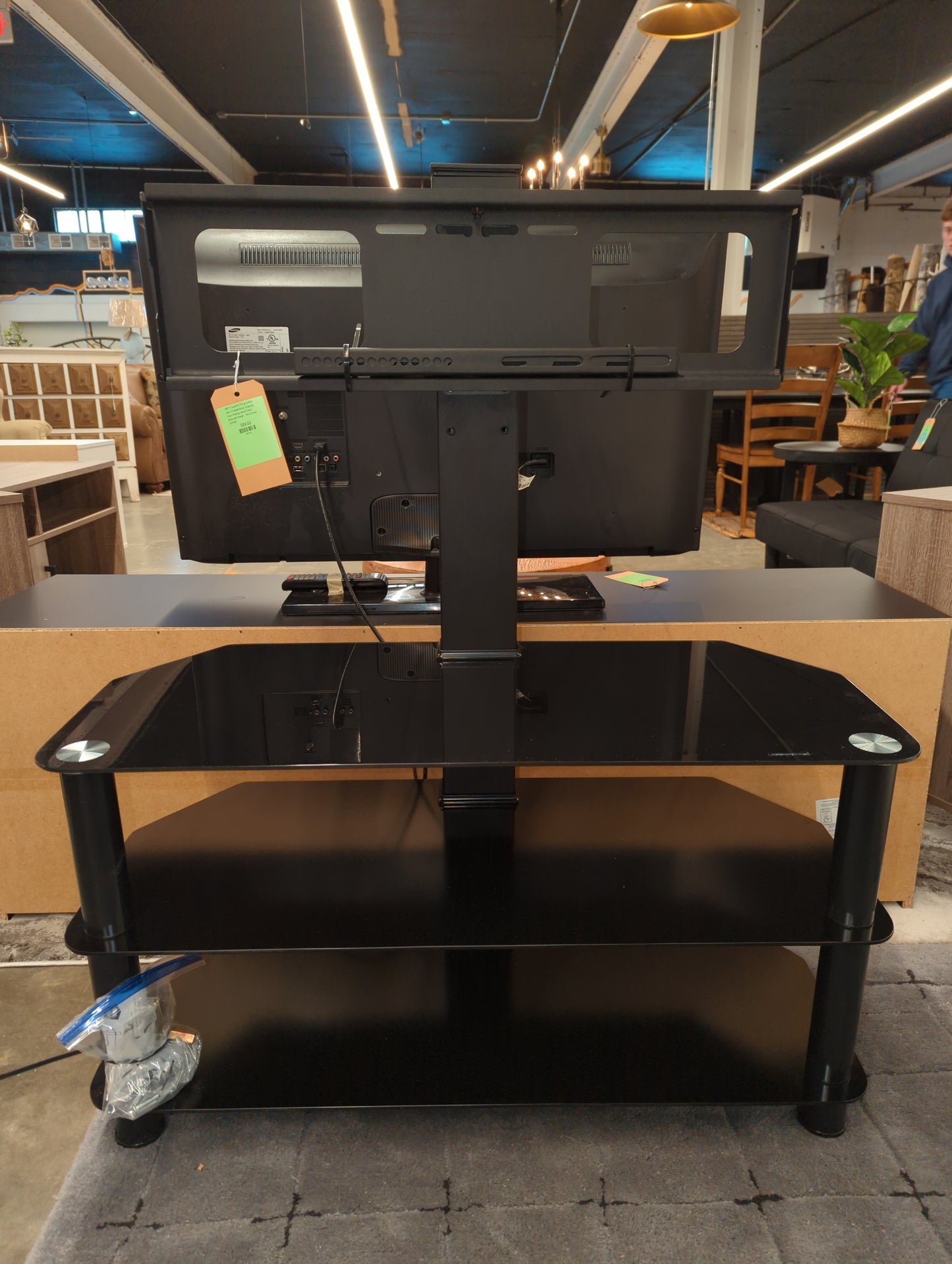 AVF TV Stand for TVs up to 60in with TV Mount Black: Tempered Glass Shelving, Metal Frame, Integrated Mount - - Retail Price: $119.99