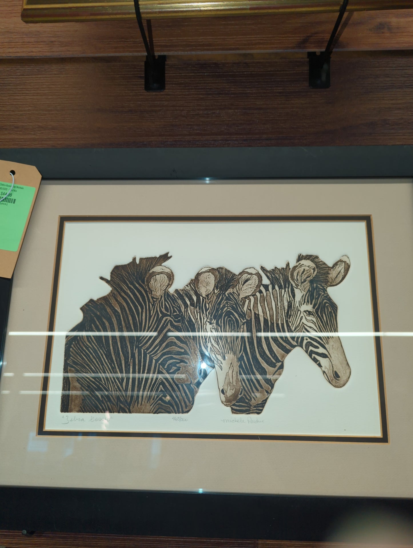 Framed 'Zebra Gossip' by Michele Perdue 465/500 - 18x14in