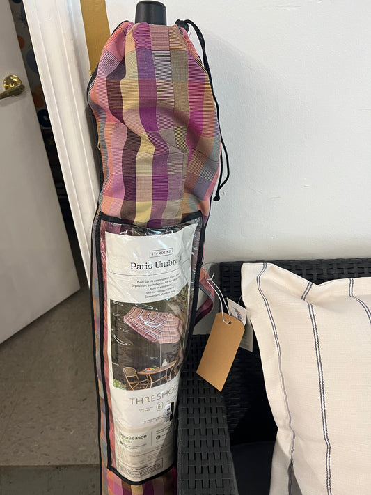 7.5ft Plaid Scalloped Edge Outdoor Round Patio Market Umbrella with Black Pole - Threshold | Retail Price: $80
