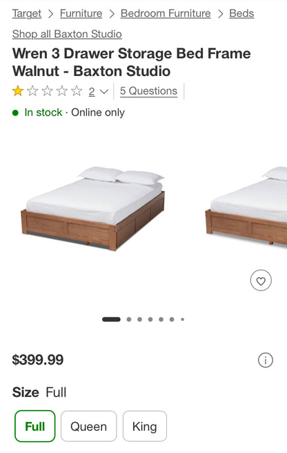 Wren 3 Drawer Storage Bed Frame Walnut - Baxton Studio | Size: Full