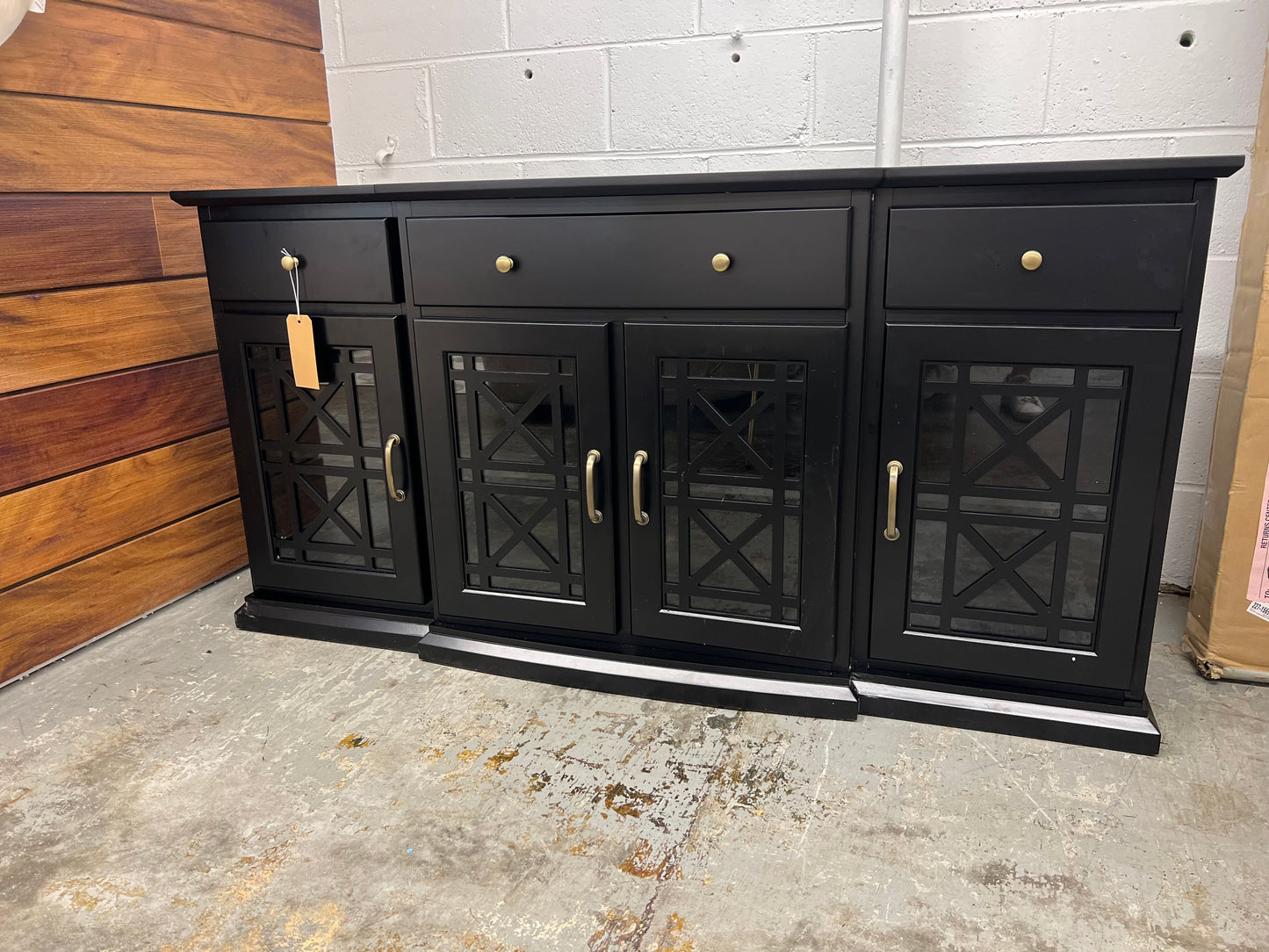 Landon 60in Tiered Fretwork Sideboard - Black | Dimensions: 30.5in H x 59.75in L x 15.75in W | Weight: 124 LBS | Retail Price: $649.99
