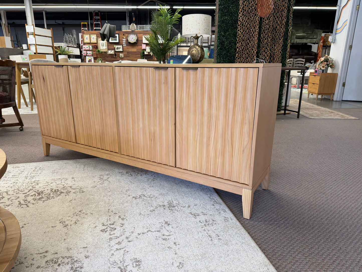 Thousand Oak Wood Scalloped TV Stand for TVs up to 70" Brown - Threshold designed with Studio McGee | Retail Price: $600