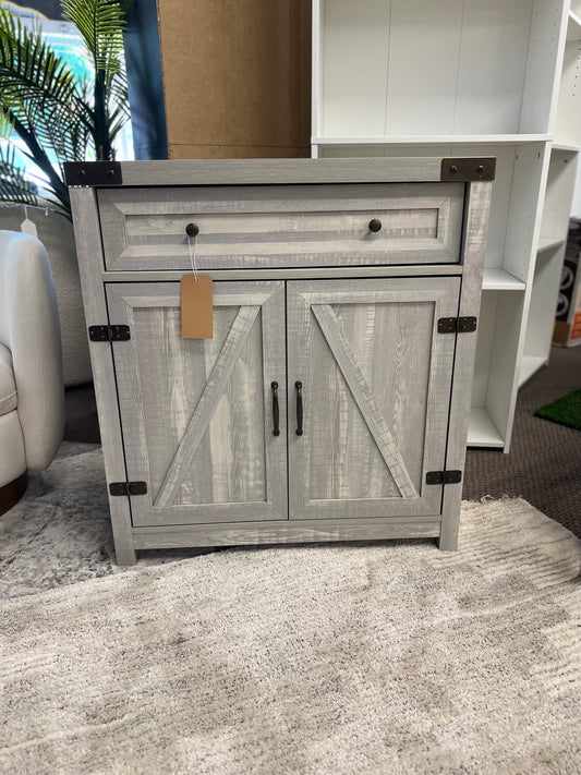 30in Farmhouse Barn Door Accent Cabinet - Rustic Oak | Dimensions: 33in H x 30in L x 15.5in W | Weight: 64 LBS | Retail Price: $164