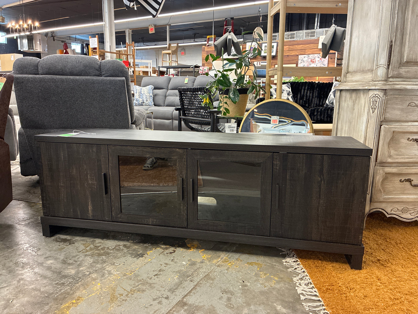 Storage TV Stand for TVs up to 75" Weathered Pine - Threshold: Farmhouse Style Media Console with Adjustable Shelves Retail: $250