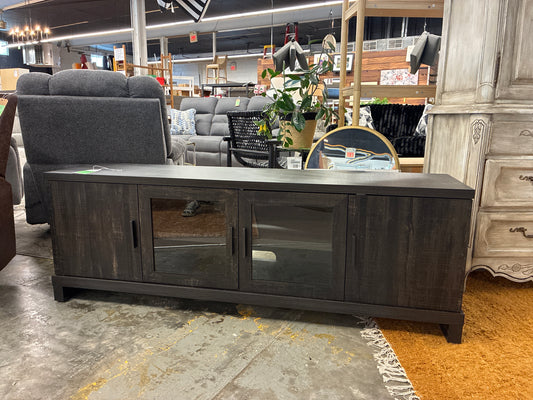 Storage TV Stand for TVs up to 75" Weathered Pine - Threshold: Farmhouse Style Media Console with Adjustable Shelves Retail: $250
