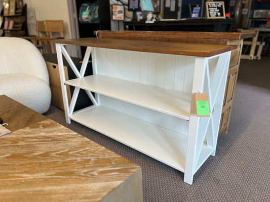 Lucas 52in Solid Wood Farmhouse Storage Console - White/Rustic Oak | Dimensions: 30in H x 52in L x 16.5in W | Weight: 58 LBS | Retail Price: $188