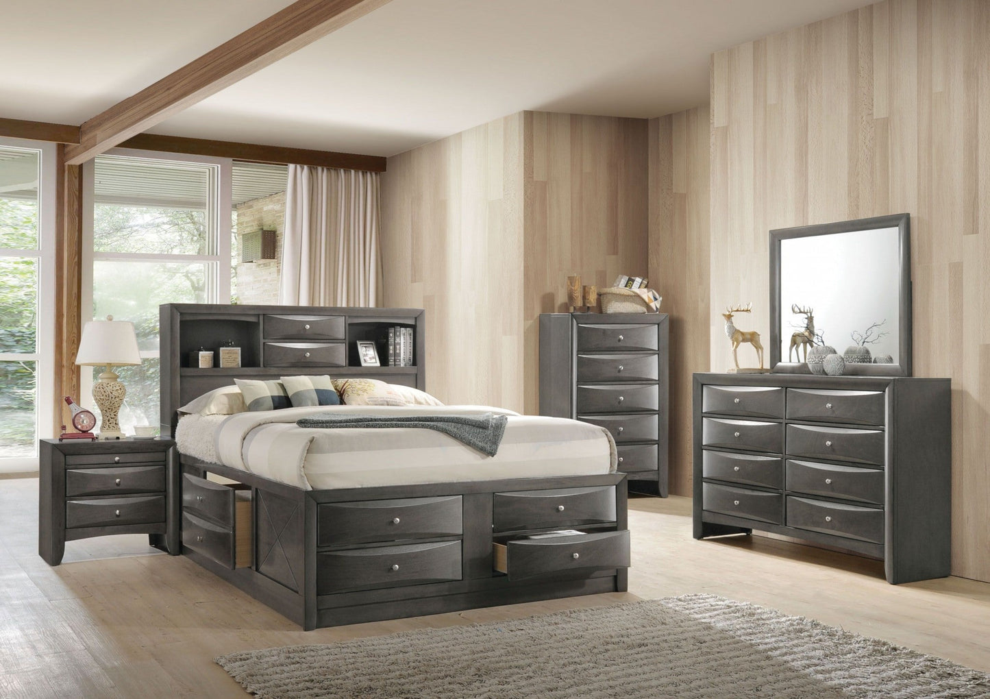 86inches X 57inches X 56inches Gray Oak Rubber Wood Full Storage Bed