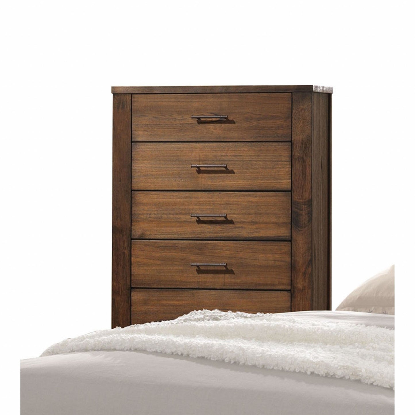 48inches Oak Finish 5 Drawer Chest Dresser with Brass Metal Hardware