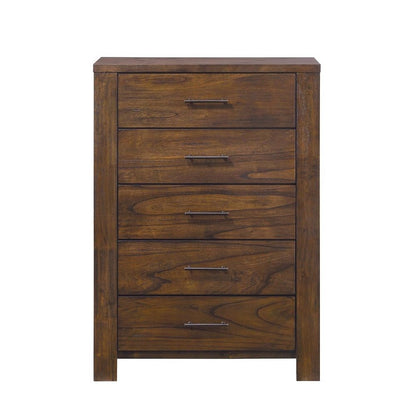 48inches Oak Finish 5 Drawer Chest Dresser with Brass Metal Hardware