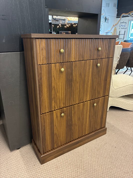 GarveeHome Shoe Cabinet with 3 Flip Drawers, Hidden Wooden Fluted Shoe Cabinet with Adjustable Shelf, Freestanding Shoe Storage Cabinet for Entryway — Retails in box (unassembled) for $130