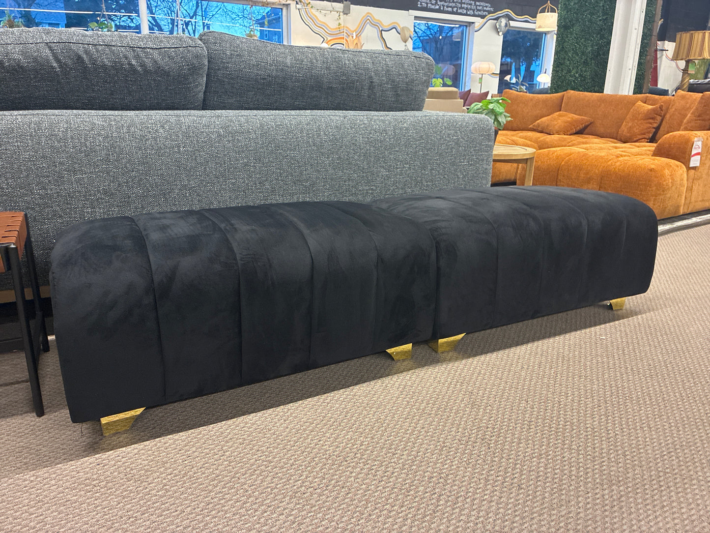 Set of 2 Black Modular Velvet Upholstered Benches - Fits in Front of King Size Footboard