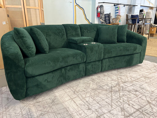 United We Win Corduroy Fabric Oversized Two-Seat Sofa with Storage and Cup Holders Green
