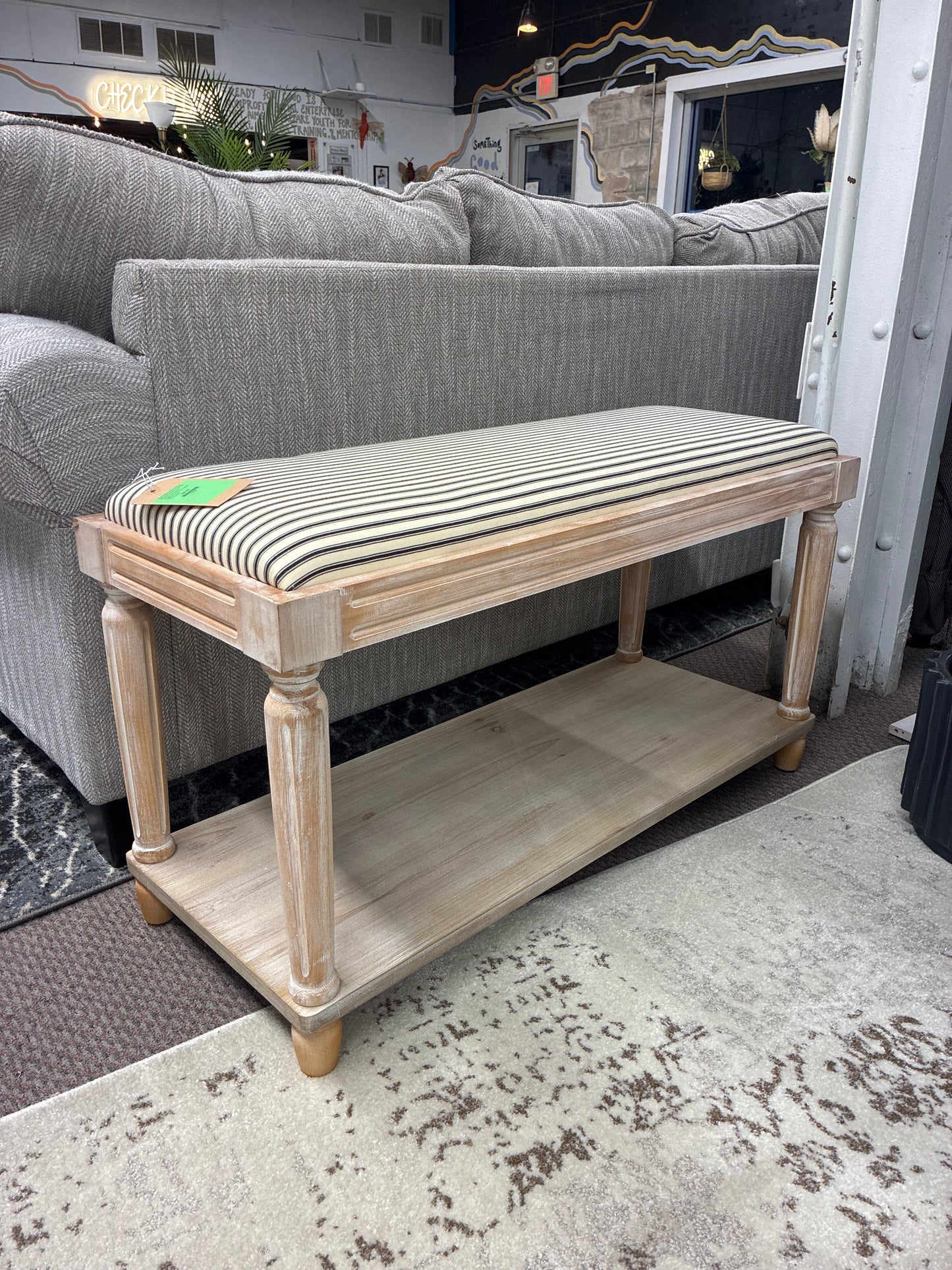 Finch Graydon Upholstered Bench Distressed Natural: Cottage Style, Storage Shelf, Polyester Upholstery, Wood Frame | Retail Price: $129.99